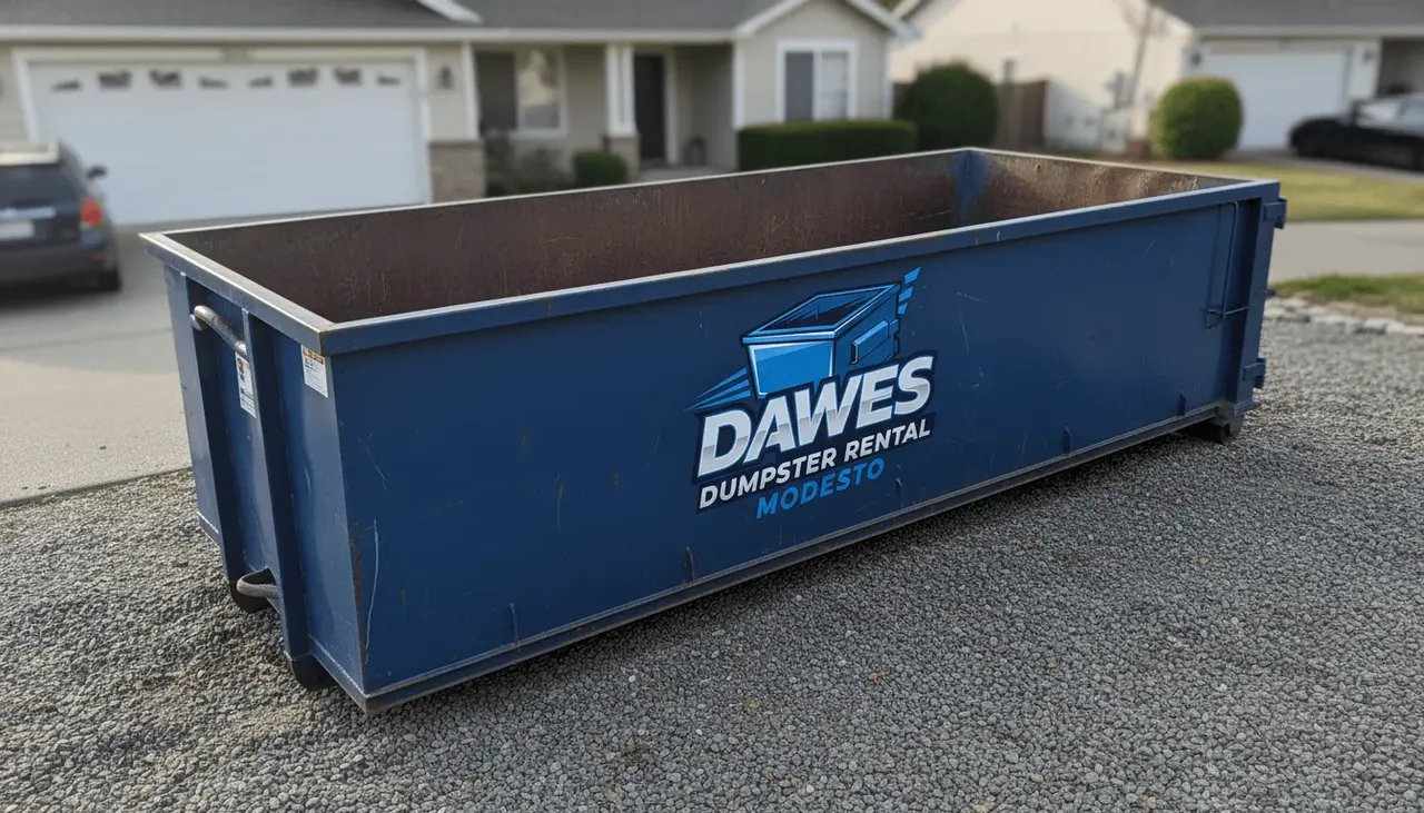 Roll-off dumpster delivered in Ceres, CA by Dawes Dumpster Rental Roll-off dumpster delivered in Ceres, CA by Dawes Dumpster Rental